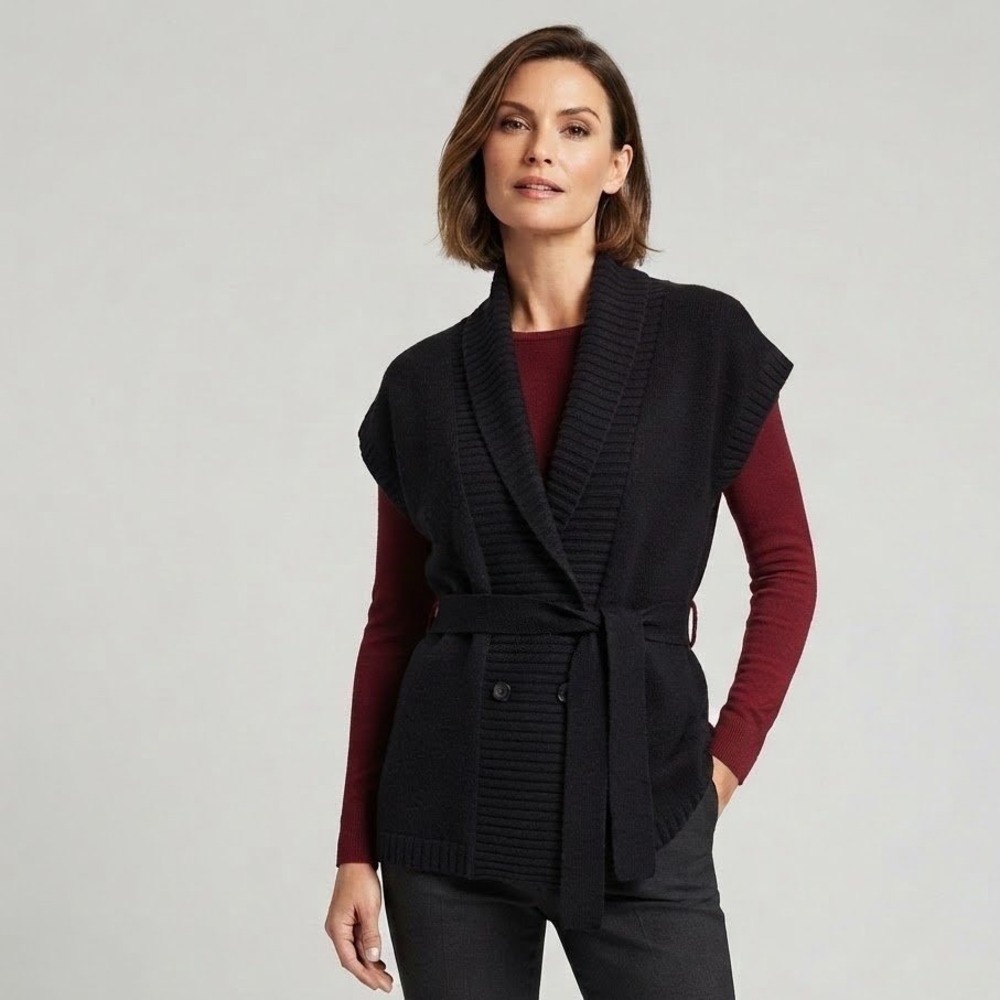 Nicole Miller Sweater Vest L Black Belted Knit Cardigan Lagenlook Wool Blend